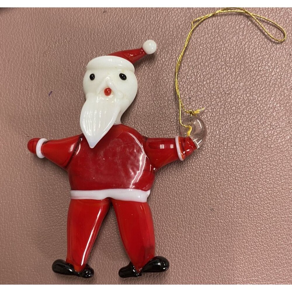 Art Glass Santa Christmas Ornament Hand Blown Solid Glass 3” Red White
